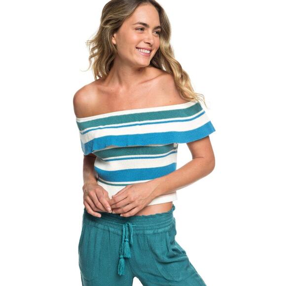 Roxy Multicolor Off The Shoulder Ribbed Knit Ruffle Cropped Sweater Top Size XS - Picture 3 of 4